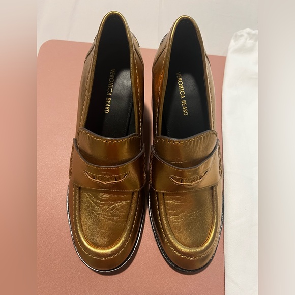 Veronica Beard Penny Loafer Block Heel Pump Metallic Dark Gold Leather SZ 7 - Picture 3 of 7